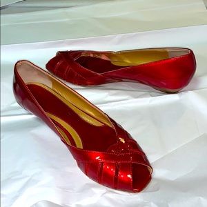 Red patent leather open toe flats 7 1/2 Italian